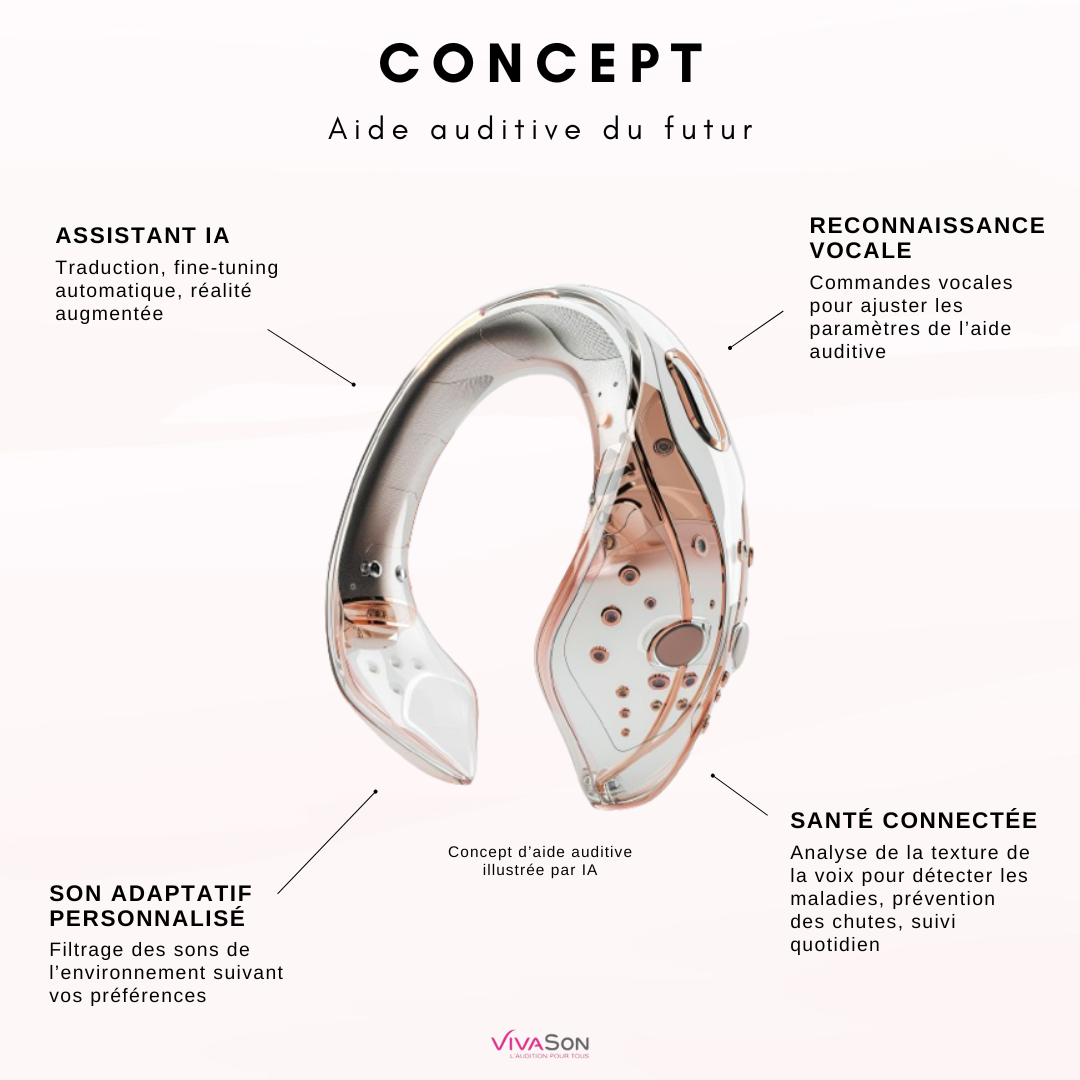 Concept d'une aide auditive du futur, générée via l'IA générative Midjourney V6